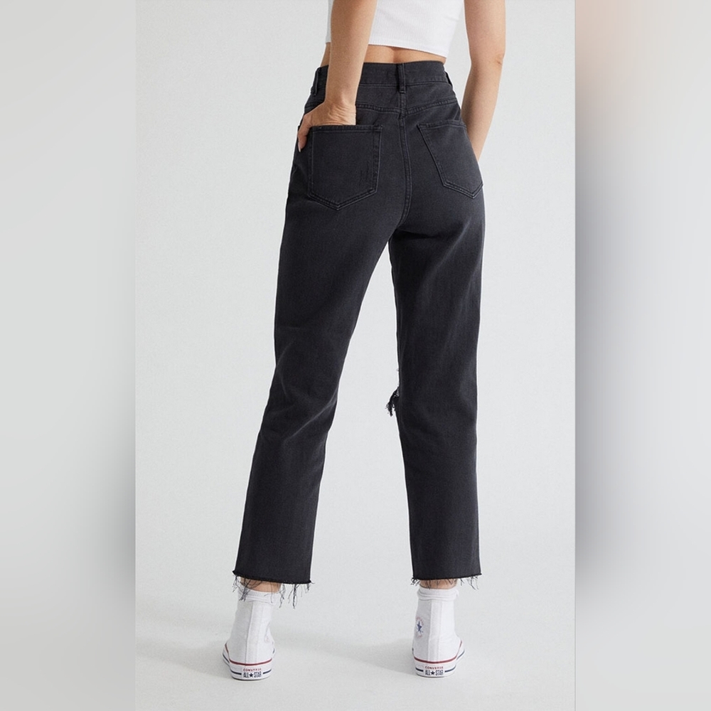 PACSUN Black High Waisted Straight Leg Jeans Raw Ripped Distressed Womens - Picture 4 of 11